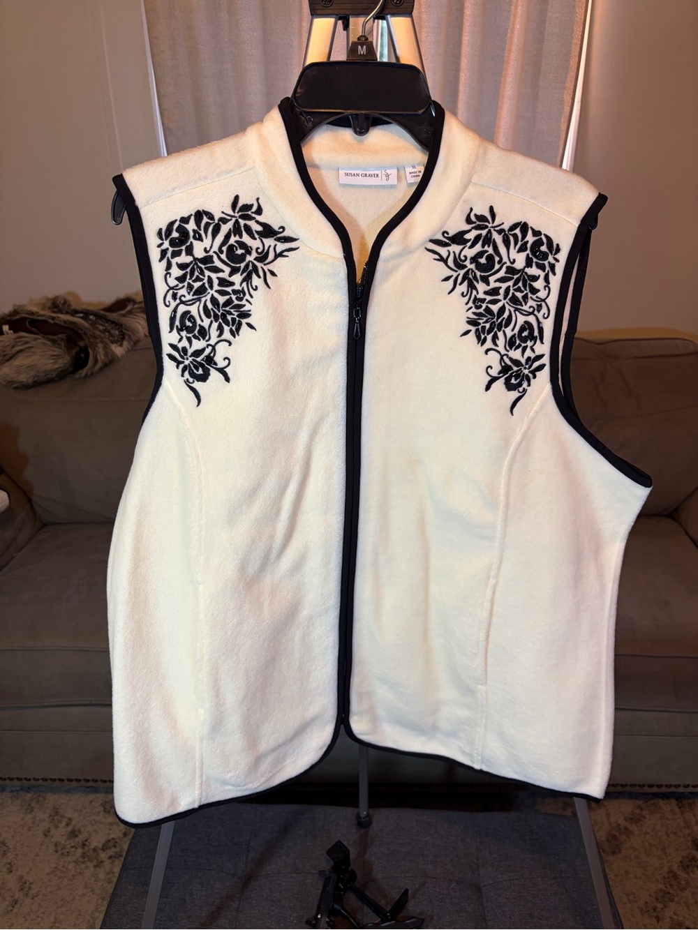 Susan Graver Cream Fleece Vest with Black Trim